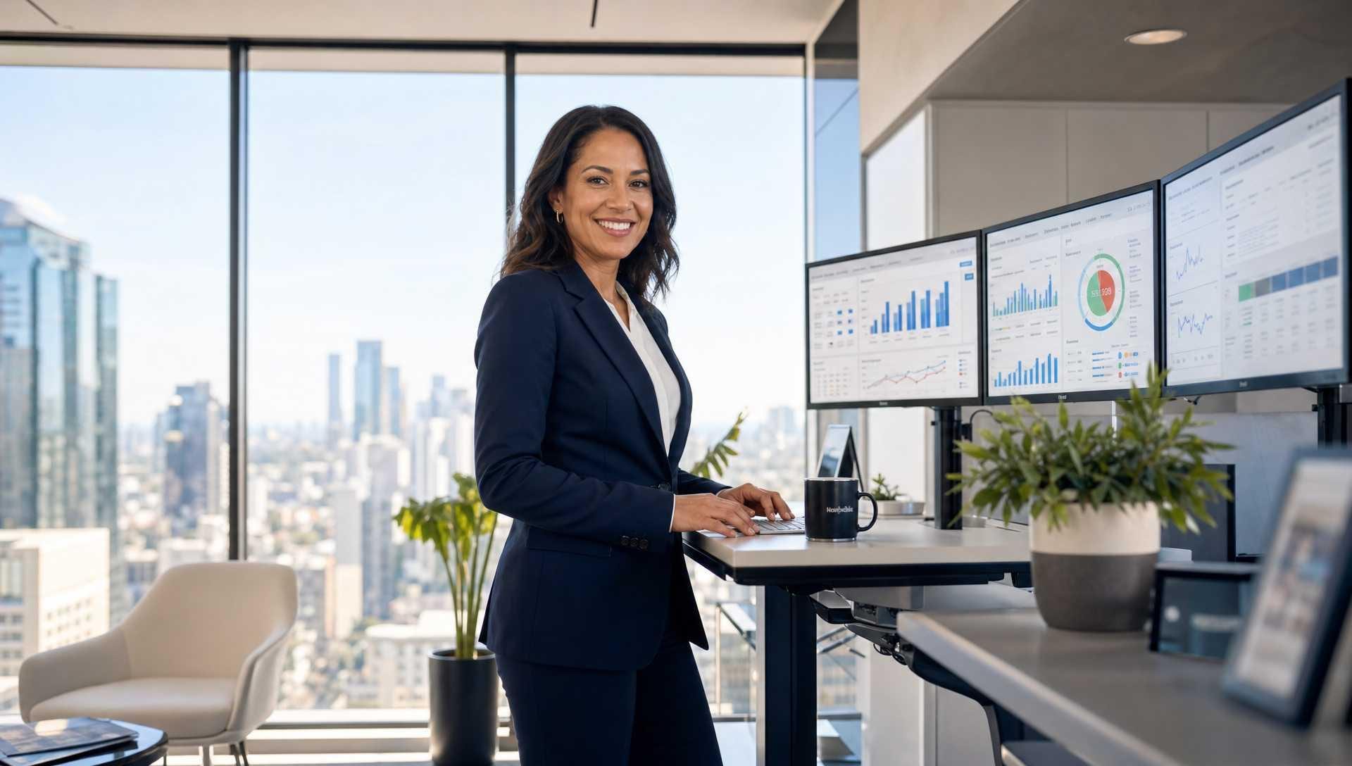 Operations lead working at a computer beside business dashboards.