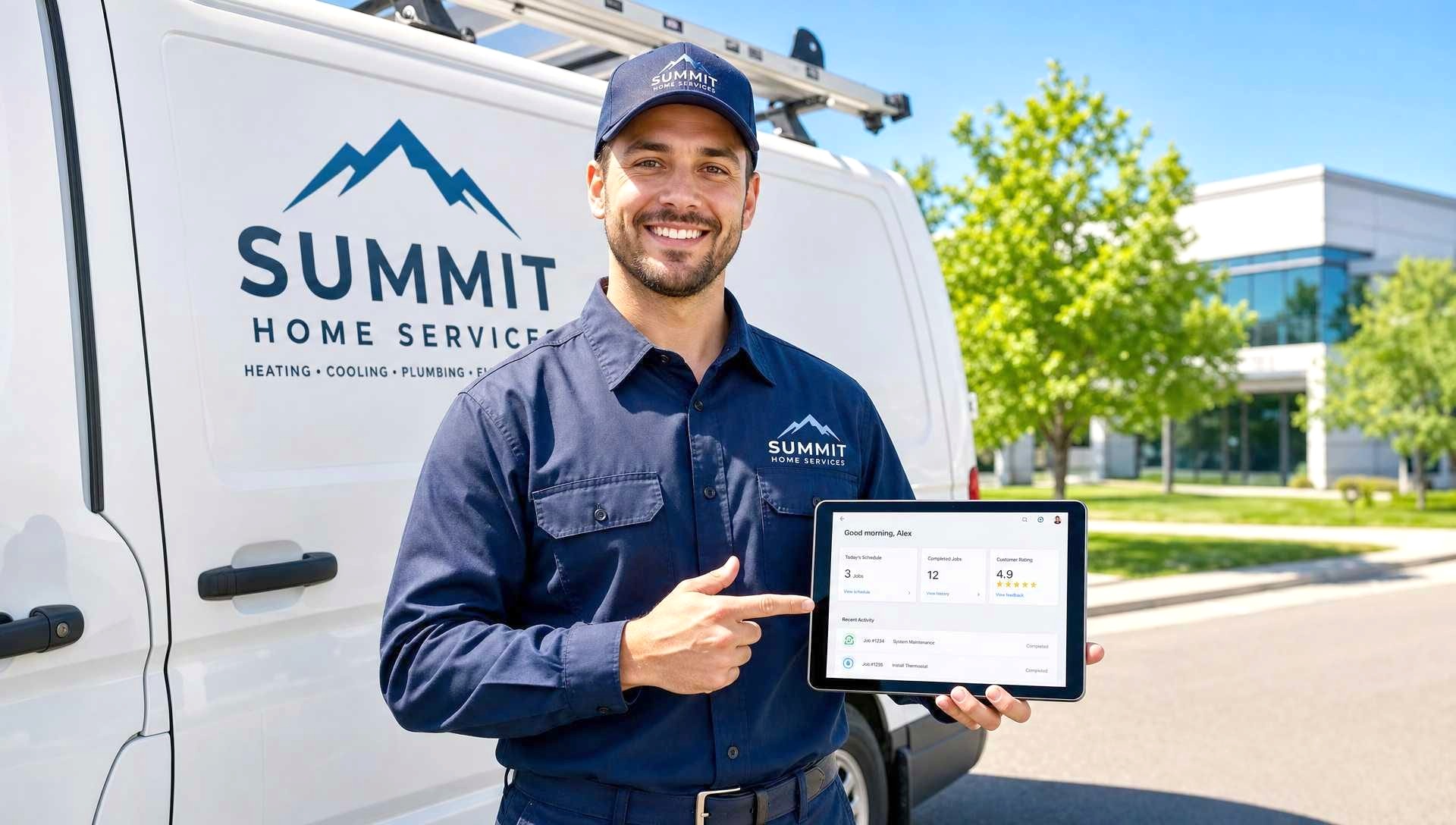 Field service technician at twilight with a tablet, beside a service van.