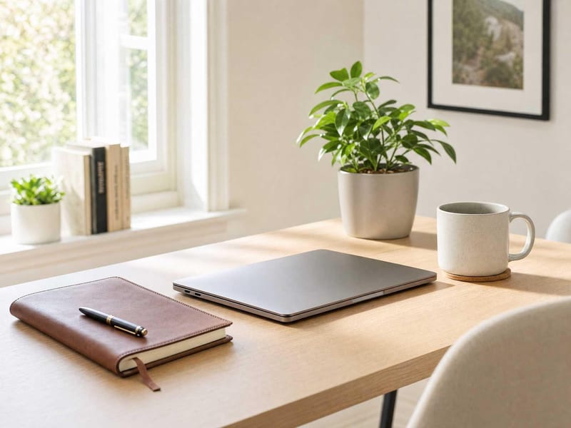 Closed notebook beside a laptop, lamp glow on a quiet desk.