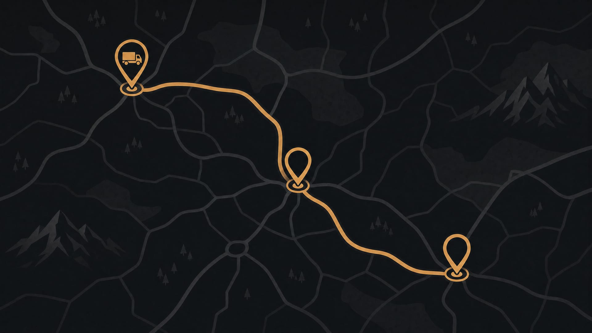 Route map with three pins and an amber service-truck icon along a connecting route.